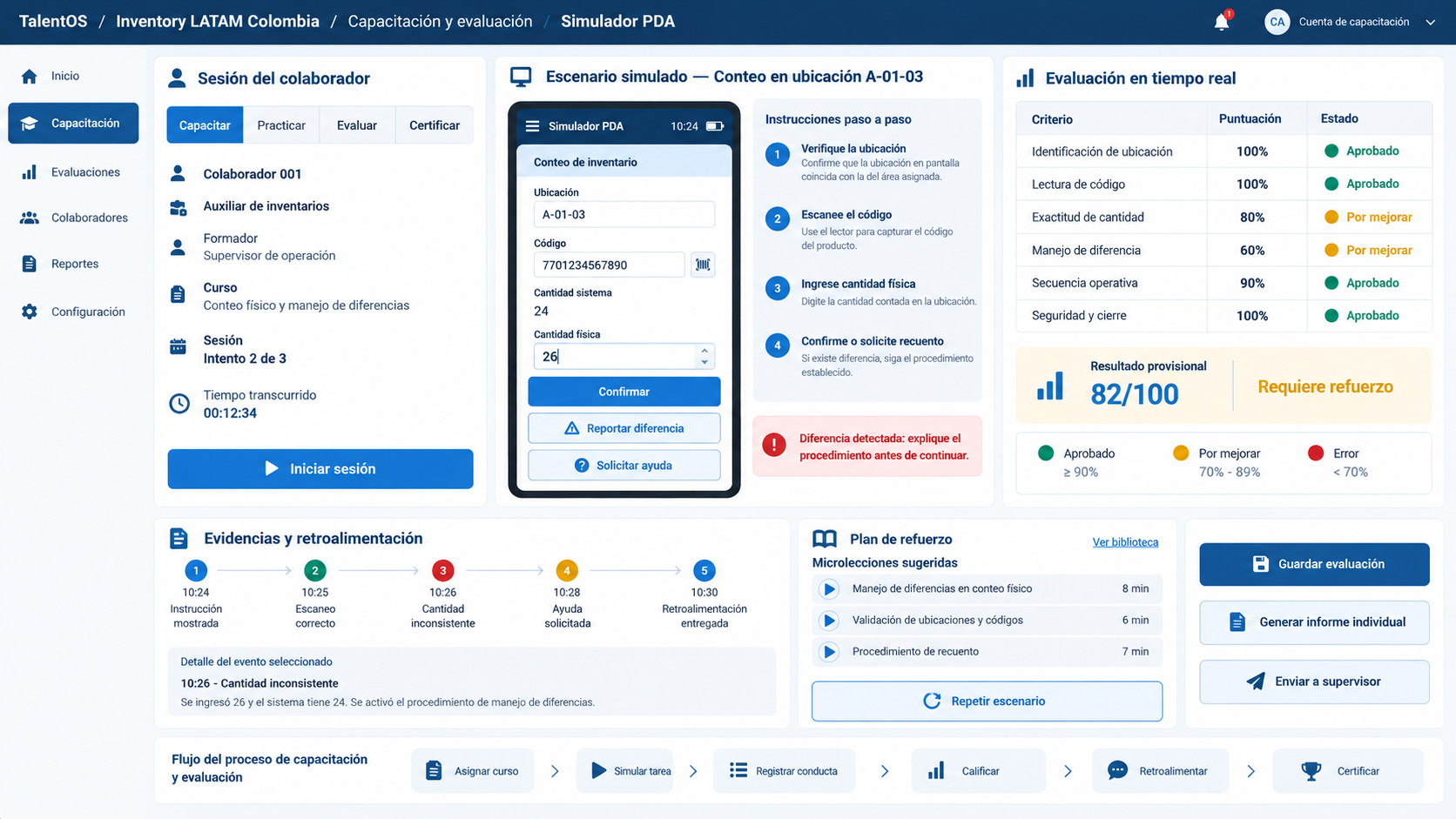 Interfaz de capacitación y evaluación del colaborador mediante el Simulador PDA de Inventory LATAM Colombia by TalentOS